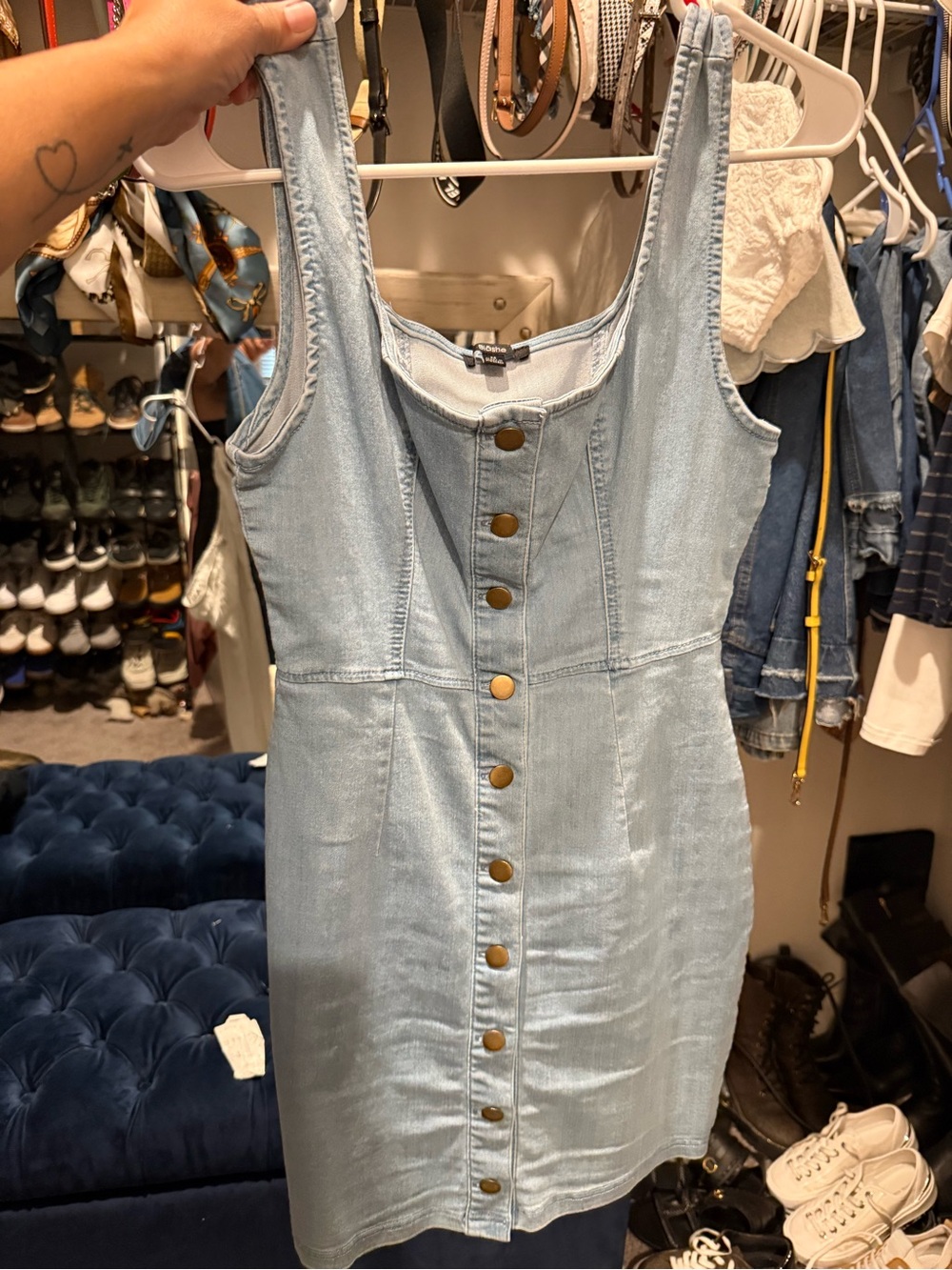 Light Wash Button Front Denim Mini Dress